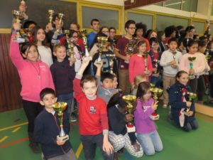 Groupe d'enfants brandissant leurs coupes dans un gymnase après le championnat départemental jeunes.