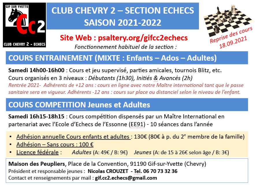 Flyer du Club Chevry 2 Section Échecs saison 2021-2022 : horaires des cours, tarifs et contacts.